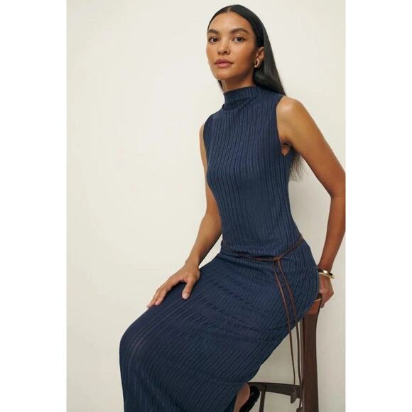 NWT Reformation Arabella Knit Mock Neck Midi Ribbed Dress Sz XS Maxi Blue 90s - Picture 2 of 8